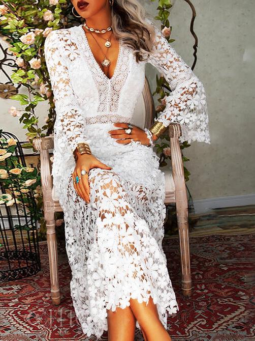Dresses Hollow Lace V-Neck Long Sleeve Dress - LuckyFash™