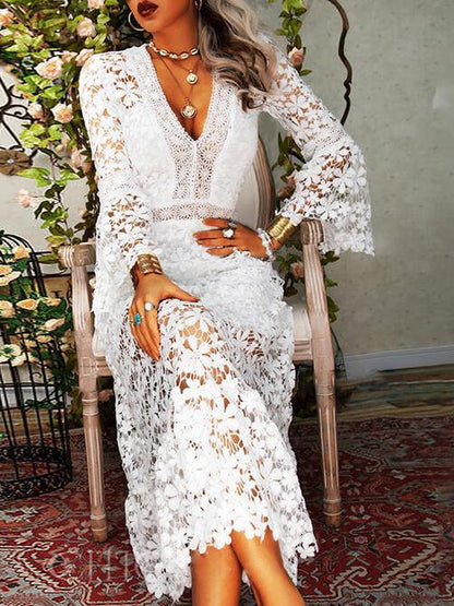 Dresses Hollow Lace V-Neck Long Sleeve Dress - LuckyFash™