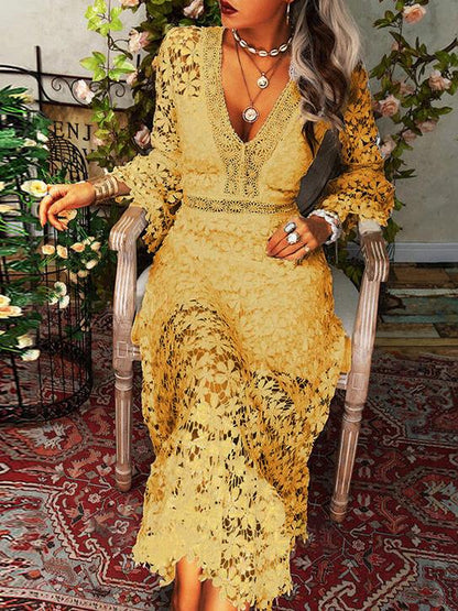 Dresses Hollow Lace V-Neck Long Sleeve Dress - LuckyFash™