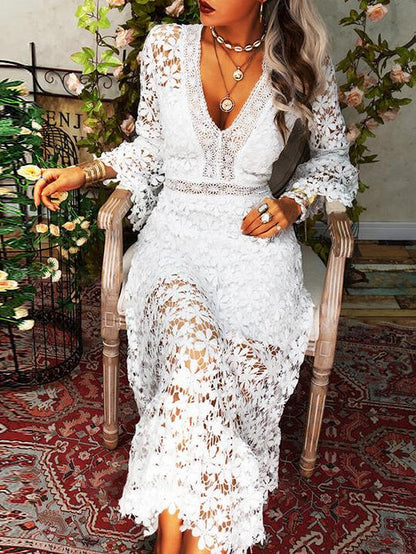 Dresses Hollow Lace V-Neck Long Sleeve Dress - LuckyFash™