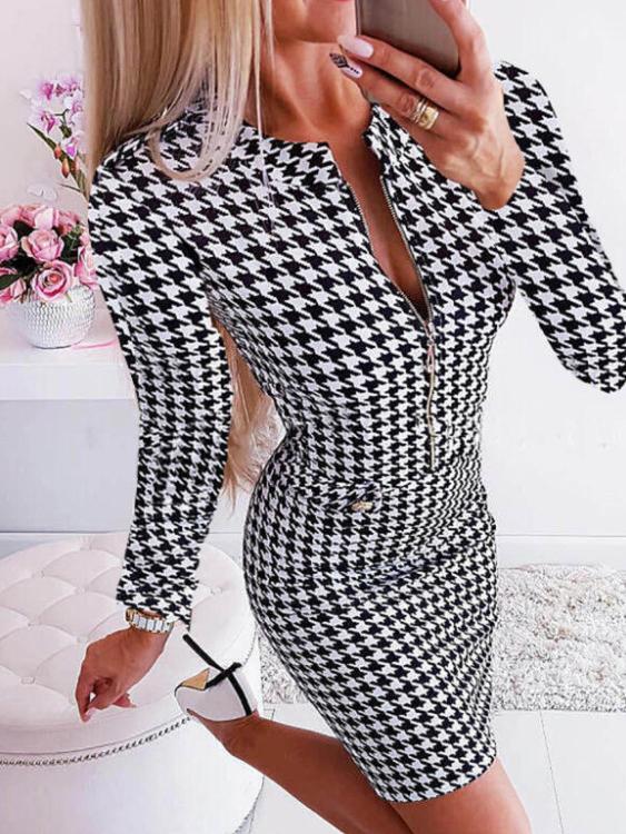 Dresses Houndstooth Gera Chain Long Sleeve Mini Dress - LuckyFash™