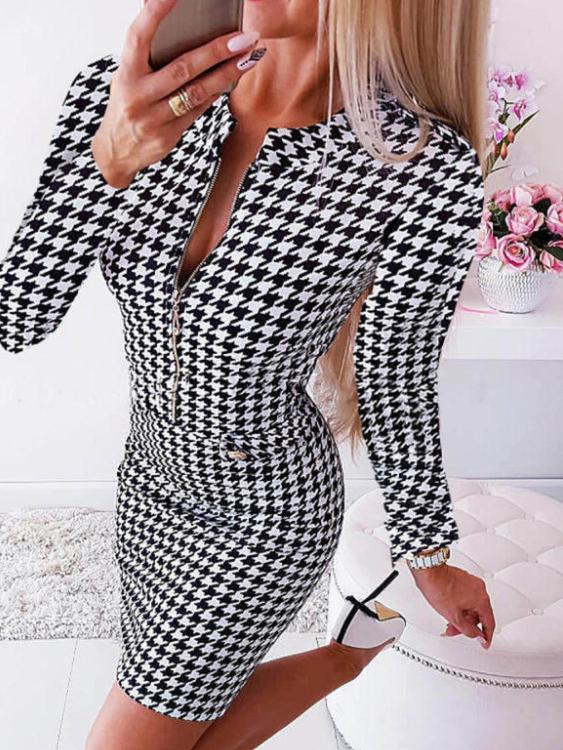 Dresses Houndstooth Gera Chain Long Sleeve Mini Dress - LuckyFash™