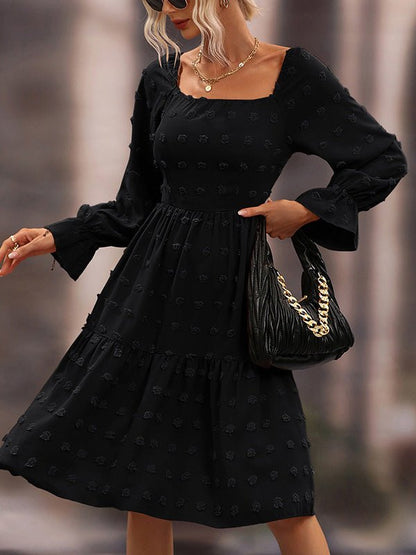 Dresses Jacquard Square Neck Long Sleeve Chiffon Dress - LuckyFash™