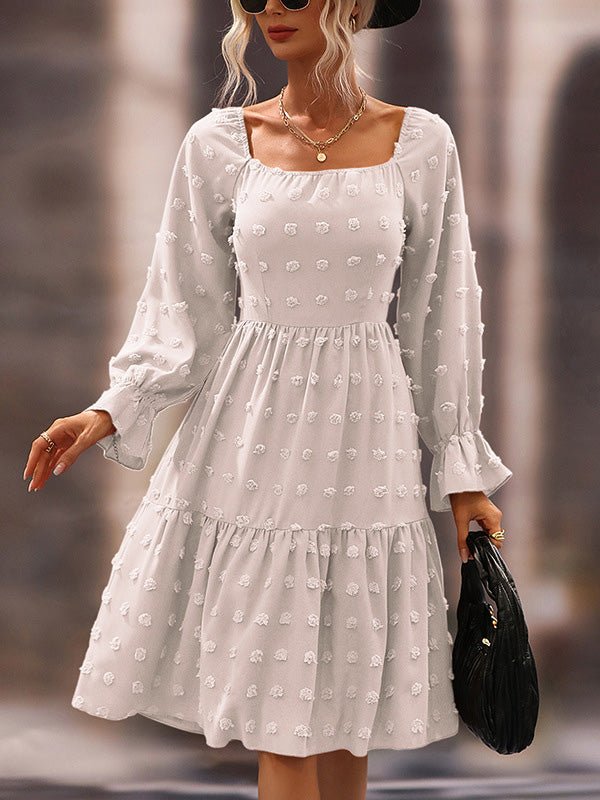 Dresses Jacquard Square Neck Long Sleeve Chiffon Dress - LuckyFash™