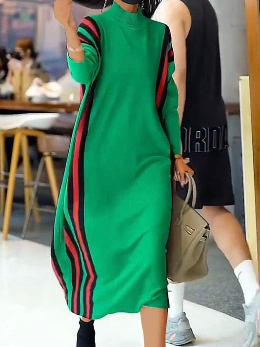 Dresses Knitted Strip Turtleneck Midi Dress - LuckyFash™