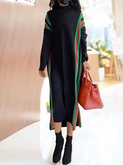 Dresses Knitted Strip Turtleneck Midi Dress - LuckyFash™