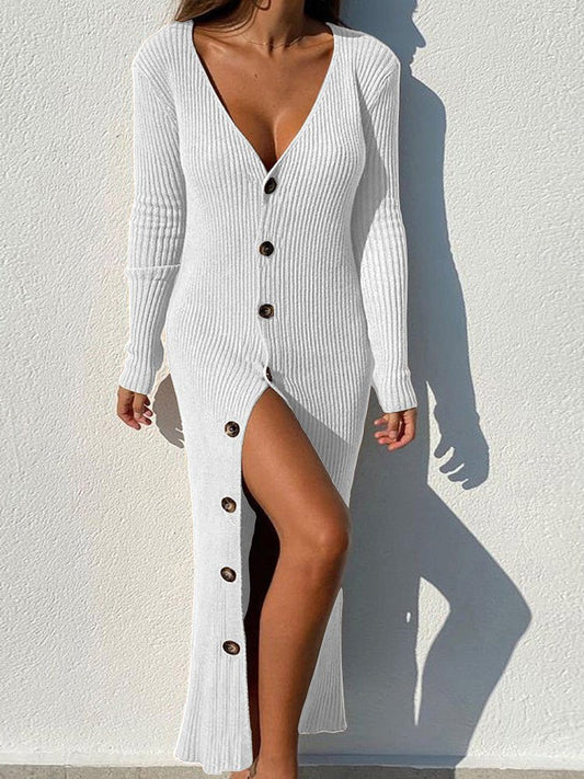 Dresses Knitting Thread Button Long Sleeve Maxi Dress - LuckyFash™
