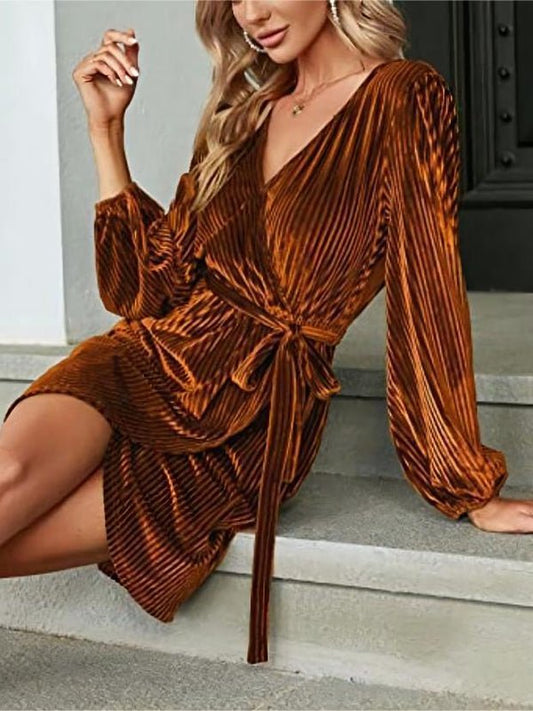 Dresses Lace Up Solid Velvet Long Sleeved Mini Dress - LuckyFash™