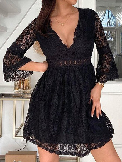 Women's Dresses Lace V-Neck Long Sleeve Mini Dress - LuckyFash™