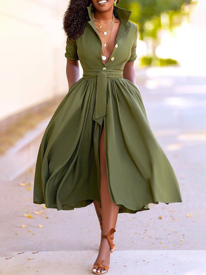 Dresses Lapel Button Belt Mid Sleeve Shirt Dress - LuckyFash™