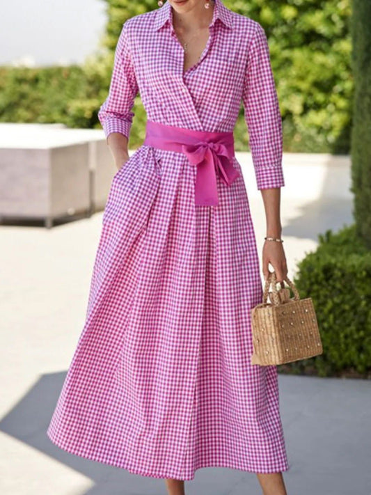 Women's Dresses Lapel Check Lace-Up Pocket Dress - LuckyFash™