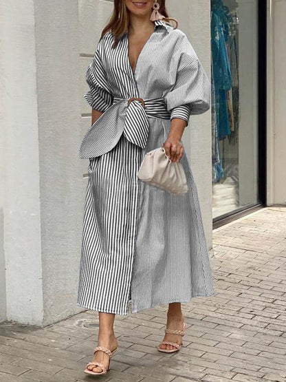 Women's Dresses Lapel Striped Lace-Up Maxi Dress - LuckyFash™