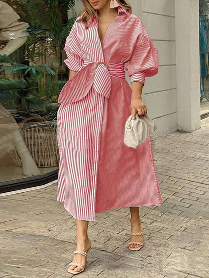 Women's Dresses Lapel Striped Lace-Up Maxi Dress - LuckyFash™