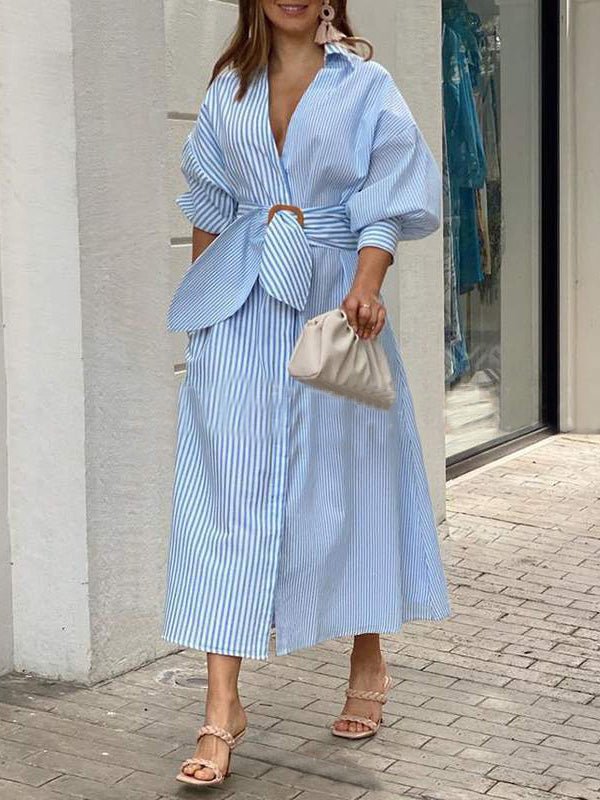 Women's Dresses Lapel Striped Lace-Up Maxi Dress - LuckyFash™