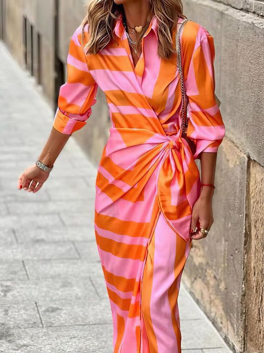 Dresses Lapel Striped Print Belted Long Sleeve Dress - LuckyFash™