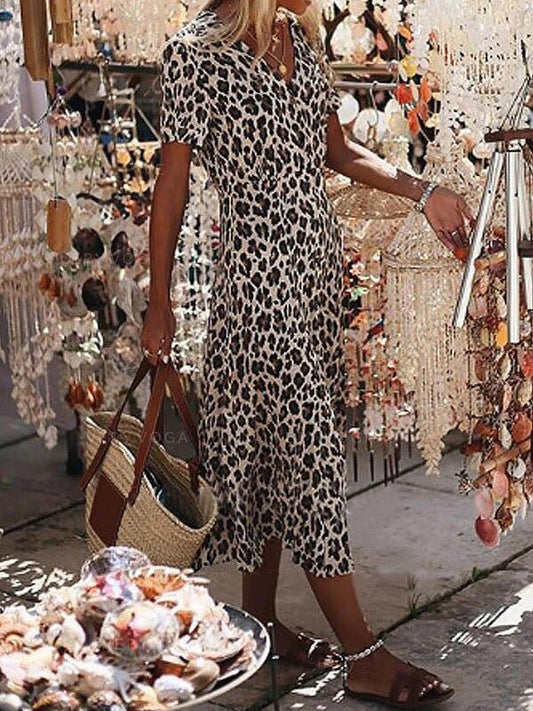 Dresses Leopard Print V-Neck Short Sleeve Dress - LuckyFash™