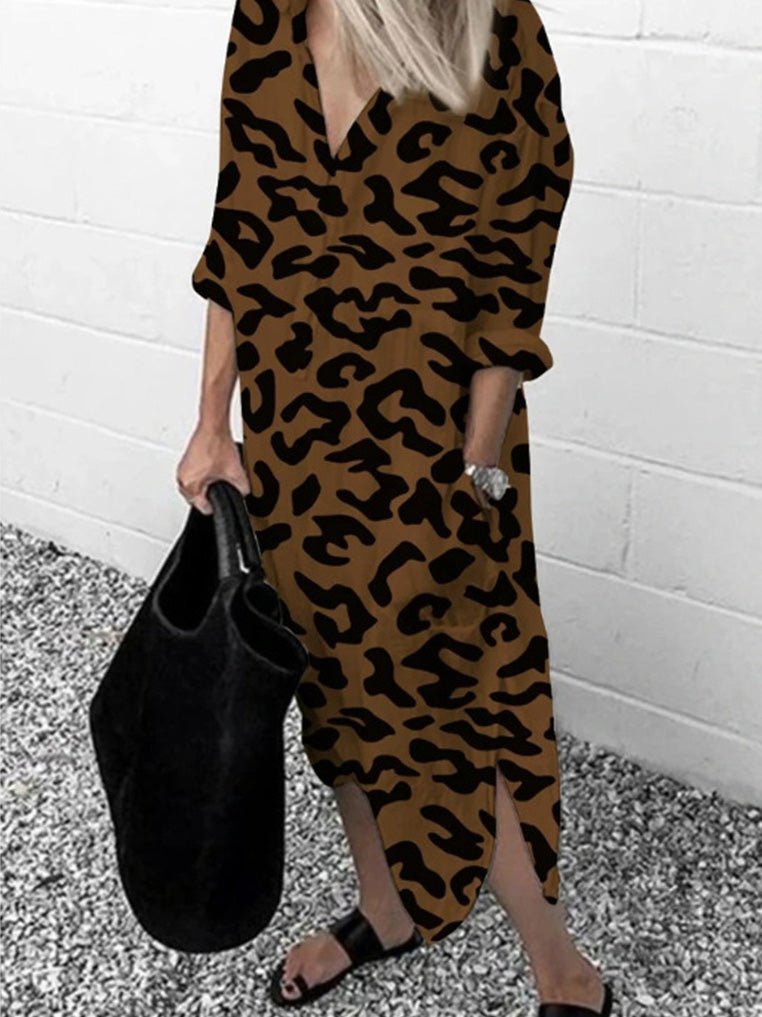 Dresses Leopard Print V-Neck Split Long Sleeve Dress - LuckyFash™
