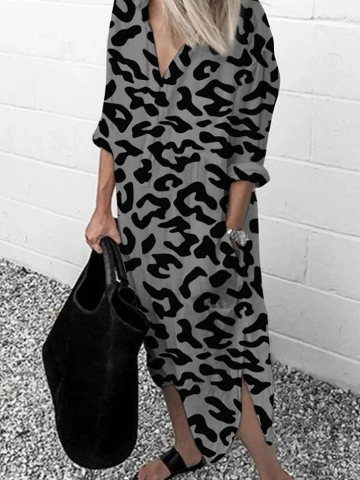Dresses Leopard Print V-Neck Split Long Sleeve Dress - LuckyFash™