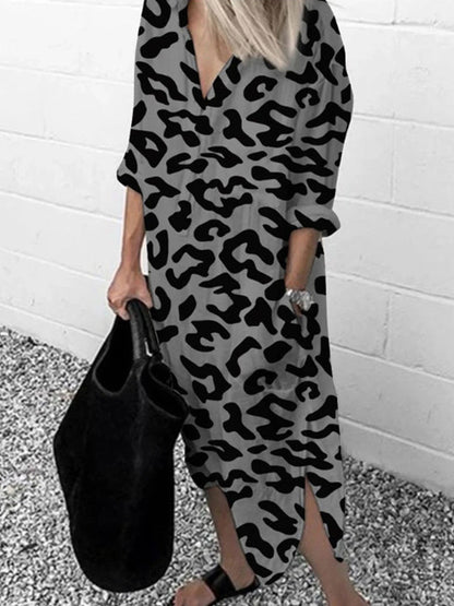 Dresses Leopard Print V-Neck Split Long Sleeve Dress - LuckyFash™