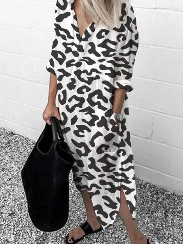 Dresses Leopard Print V-Neck Split Long Sleeve Dress - LuckyFash™