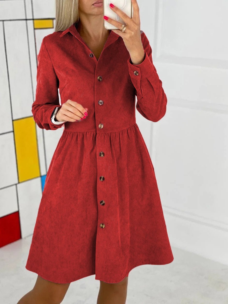 Women's Dresses Long Sleeve Single-Breasted Corduroy Shirt Dress - LuckyFash™