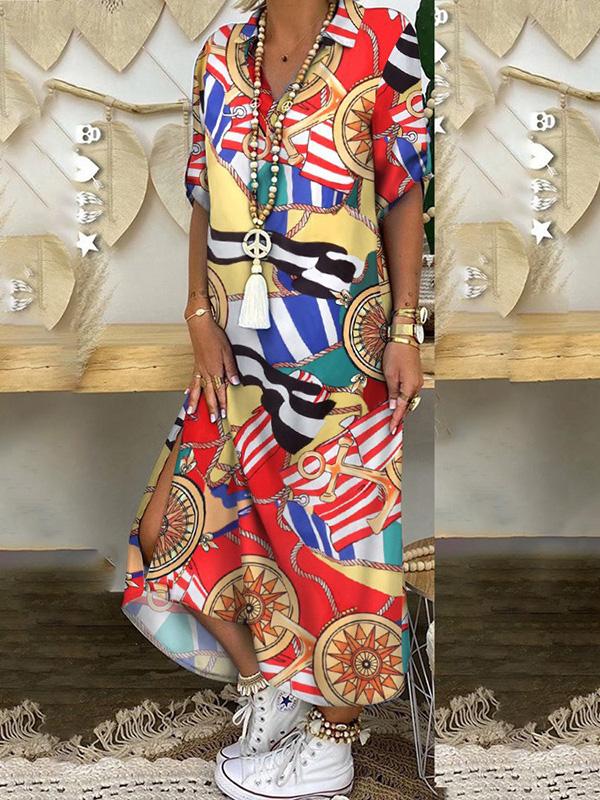 Women's Dresses Loose Printed Split Shirt Maxi Dress - LuckyFash™
