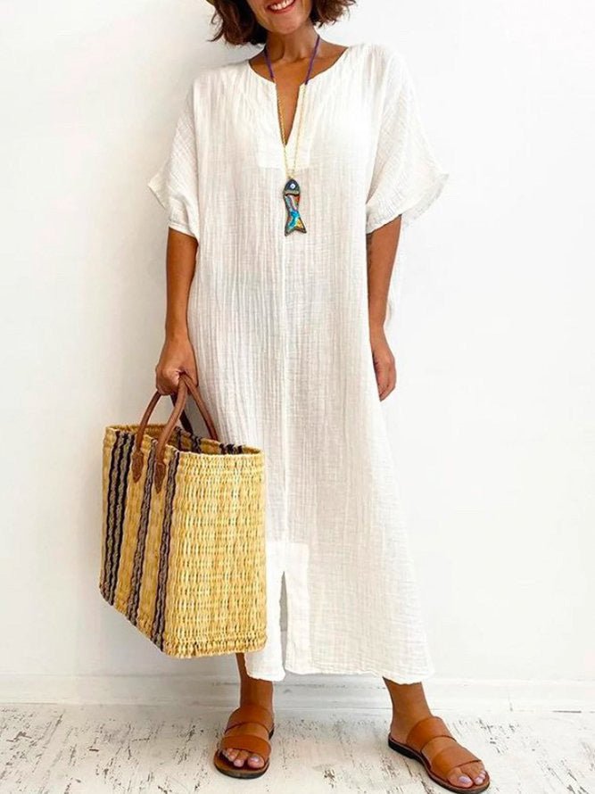 Dresses Loose Solid Short Sleeve Slit Dress - LuckyFash™