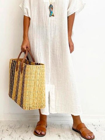 Dresses Loose Solid Short Sleeve Slit Dress - LuckyFash™