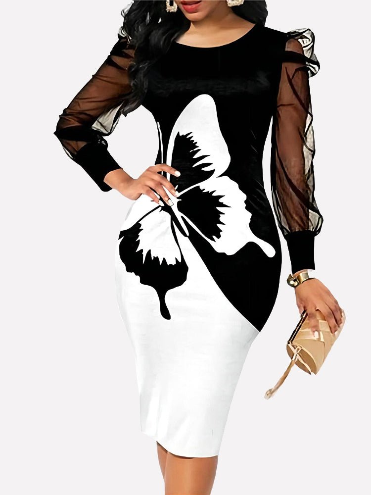 Dresses Mesh Long Sleeve Butterfly Print Midi Dress - LuckyFash™