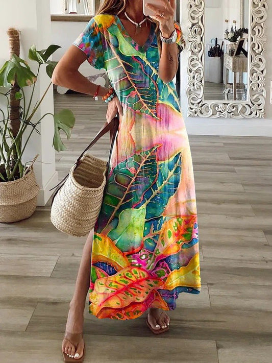 Dresses Multicolor Leaf V-Neck Short Sleeve Slit Dress - LuckyFash™
