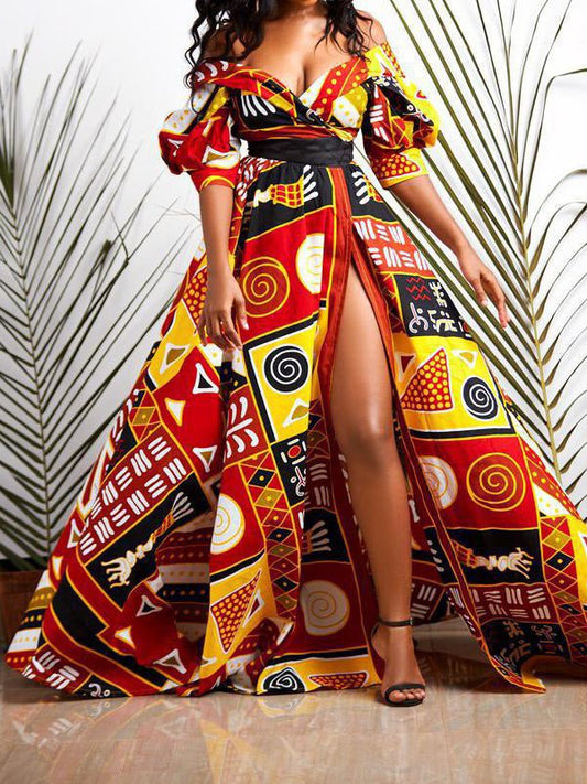 Dresses Multicolor Printed Backless High Slit Dress - LuckyFash™