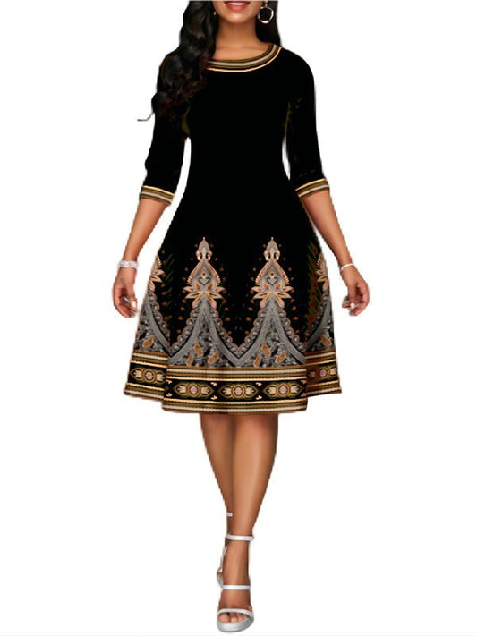 Dresses National Style Printed High Waist Mid Sleeve Midi Dress - LuckyFash™