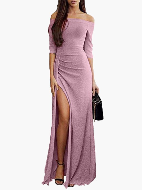 Dresses Off Shoulder Mid Sleeve Slit Dress - LuckyFash™