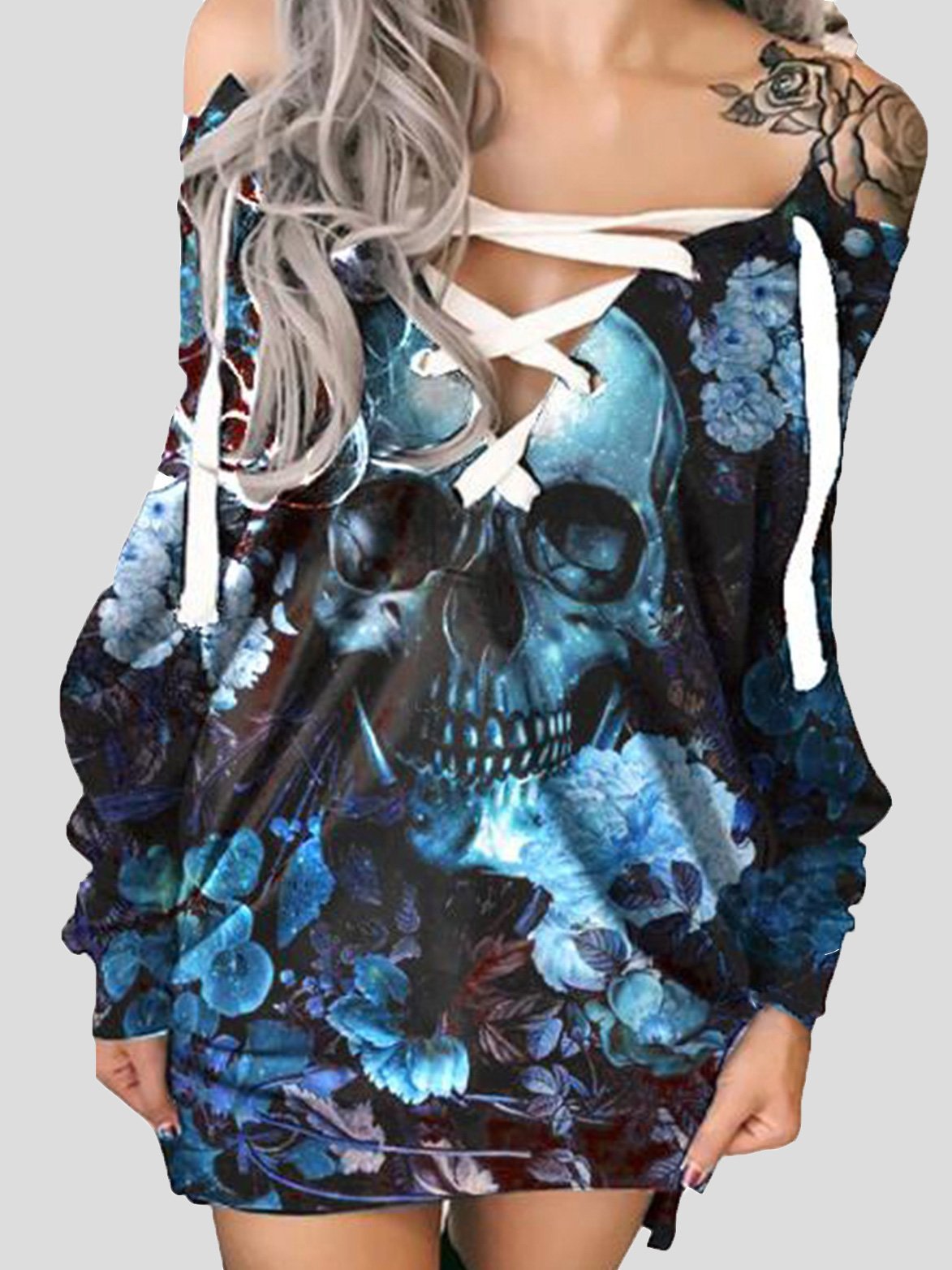 Dresses Off-The-Shoulder Printed Skull Long Sleeve Casual Dress - LuckyFash™