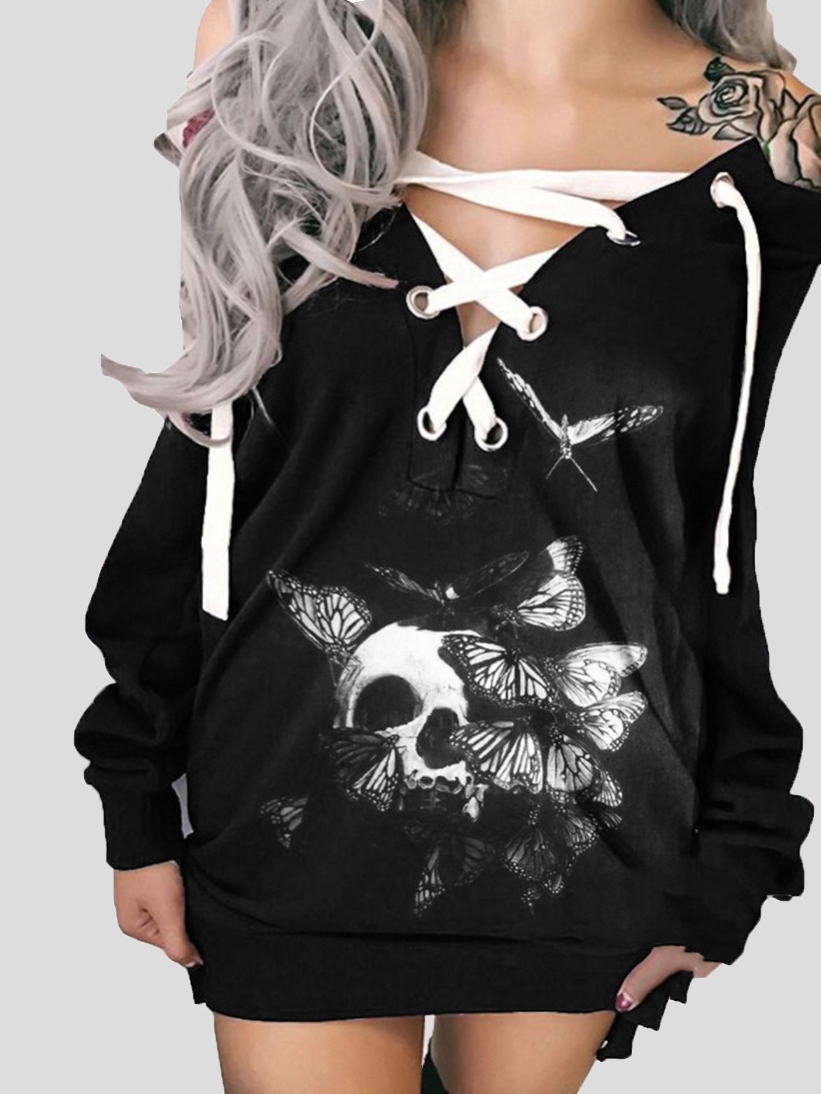 Dresses Off-The-Shoulder Printed Skull Long Sleeve Casual Dress - LuckyFash™