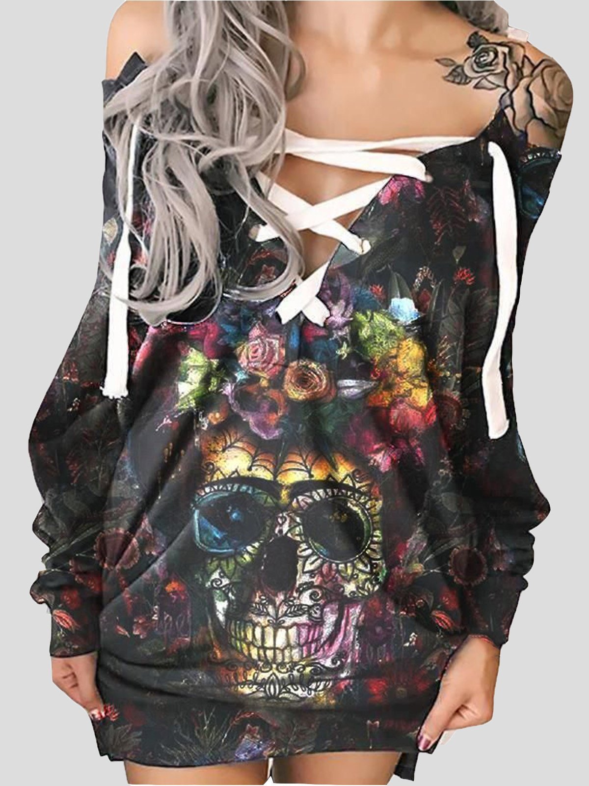 Dresses Off-The-Shoulder Printed Skull Long Sleeve Casual Dress - LuckyFash™