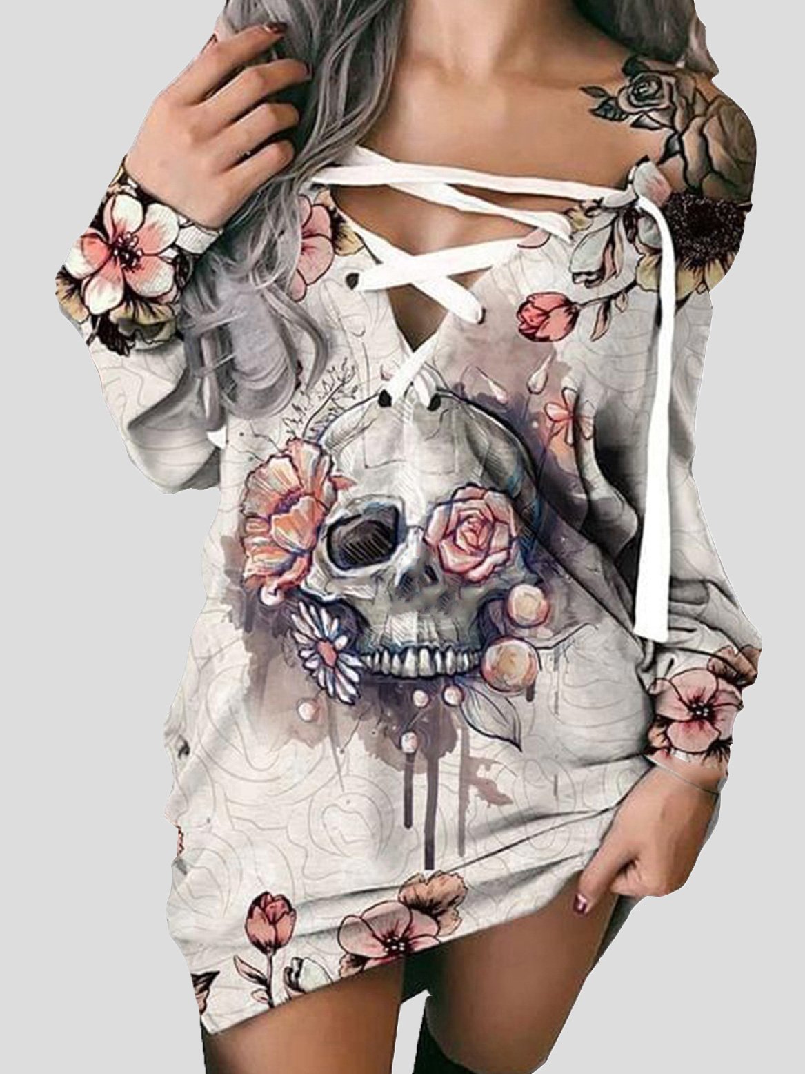 Dresses Off-The-Shoulder Printed Skull Long Sleeve Casual Dress - LuckyFash™