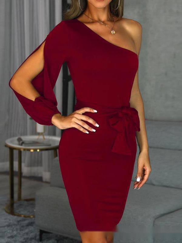 Women's Dresses One Shoulder Belted Long Sleeve Split Dress - LuckyFash™