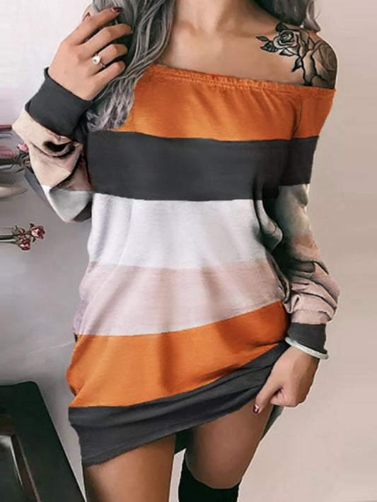 Dresses One-Shoulder Striped Long Sleeve Dress - LuckyFash™