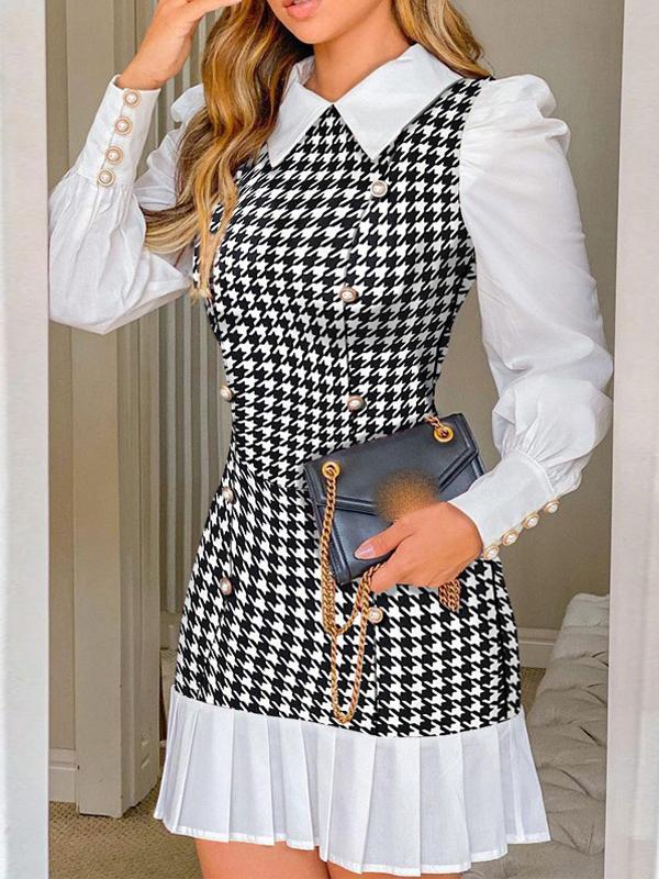 Dresses Plaid Stitching Button Long Sleeve Shirt Dress - LuckyFash™