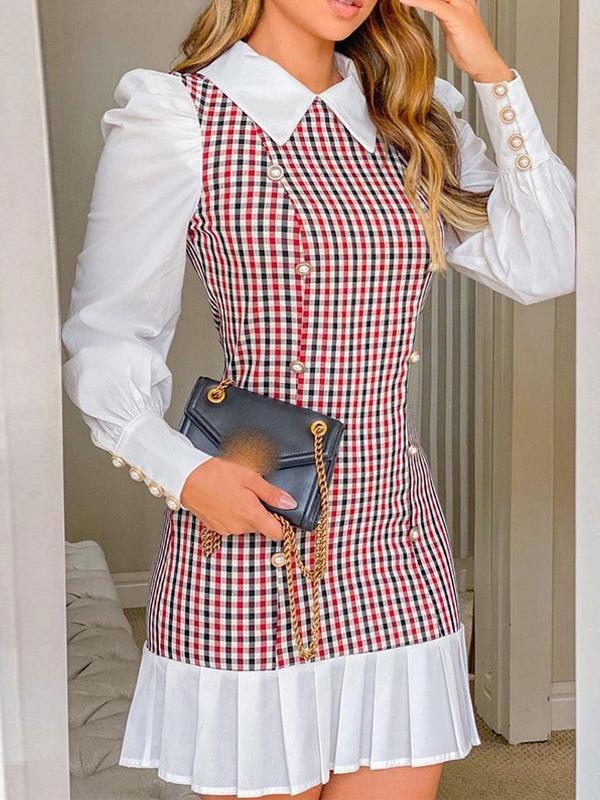 Dresses Plaid Stitching Button Long Sleeve Shirt Dress - LuckyFash™