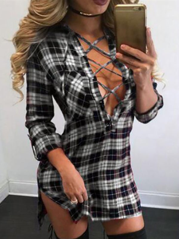 Dresses Plaid Strap Hollow V-neck Slit Midi Dress - LuckyFash™