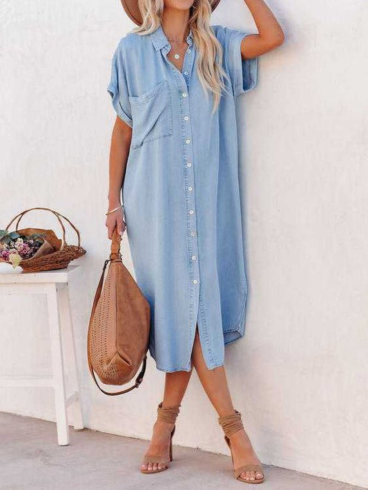 Dresses Pocket Short Sleeve Denim Slit Shirt Dress - LuckyFash™