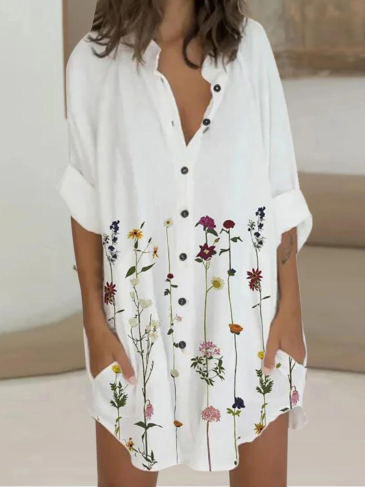 Dresses Printed 3/4 Sleeve Shirt Dress - LuckyFash™