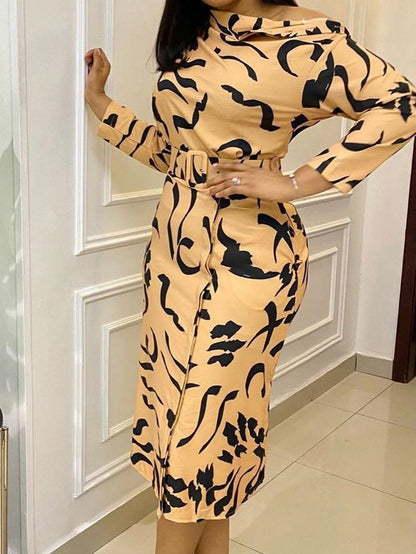Women's Dresses Printed Belt Off Shoulder Long Sleeve Dress - LuckyFash™
