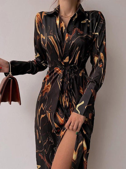 Dresses Printed Button Belted Long Sleeve Shirt Dress - LuckyFash™