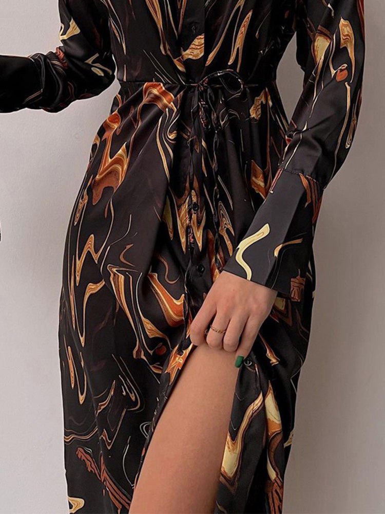 Dresses Printed Button Belted Long Sleeve Shirt Dress - LuckyFash™