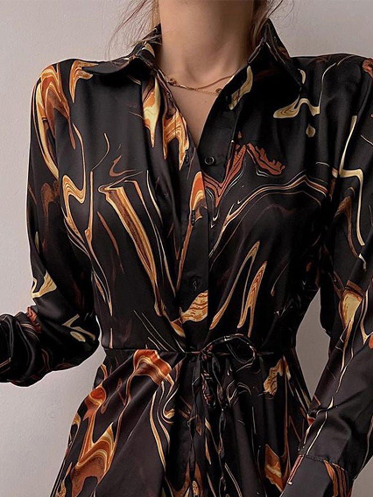 Dresses Printed Button Belted Long Sleeve Shirt Dress - LuckyFash™