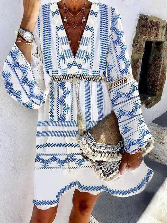 Dresses Printed Hollow Flared Long Sleeve Dress - LuckyFash™