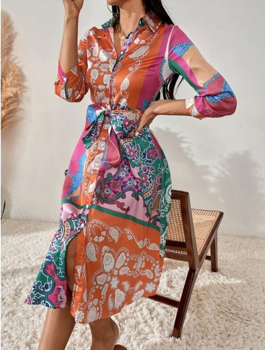 Women's Dresses Printed POLO Neck Lace-Up Shirt Dress - LuckyFash™